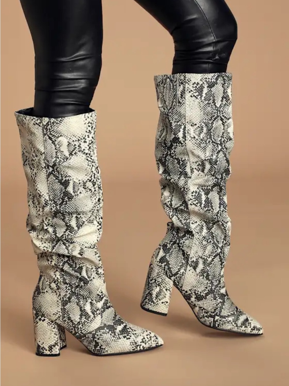 Lulu's White and Black Snake-Print Slouchy Block Heel Boots - Picture 3 of 6